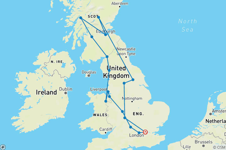 Map of England and Scotland Heritage (2024/2025, 11 Days) (17 destinations)