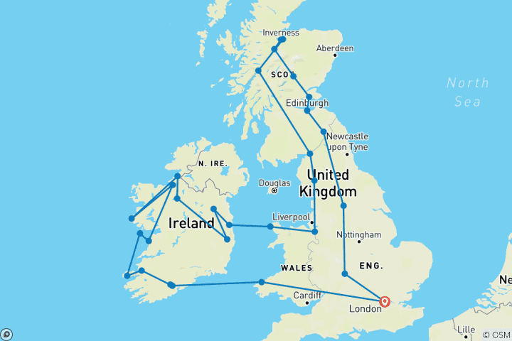 Karte von Großbritannien und Irland Entdeckerreise 16 Tage (42 Destinationen)