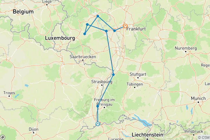 Carte du circuit Châteaux et vignobles du Rhin et de la Moselle 2026 - 8 jours (from Bâle to Francfort-sur-le-Main)