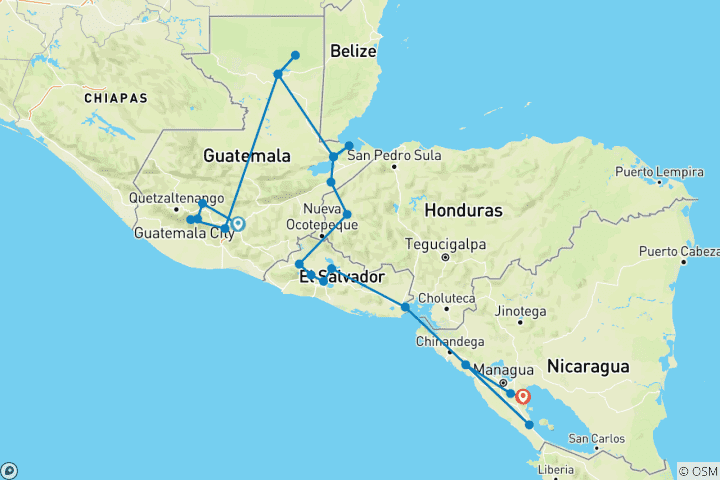 Map of Guatemala, Honduras, El Salvador & Nicaragua Adventure -13 Days
