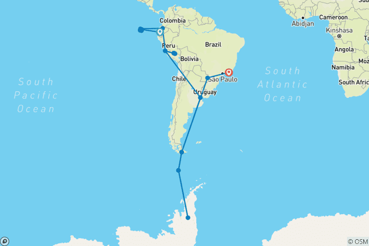 Carte du circuit Voyage en Antarctique avec l'Amérique du Sud et les îles Galápagos Guayaquil → Rio de Janeiro (2026)
