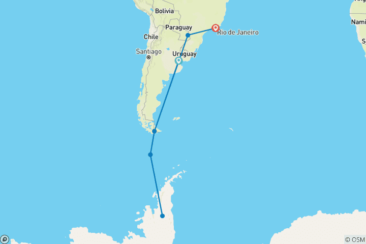 Carte du circuit Voyage en Antarctique avec les points forts du Brésil Buenos Aires → Rio de Janeiro (2026)