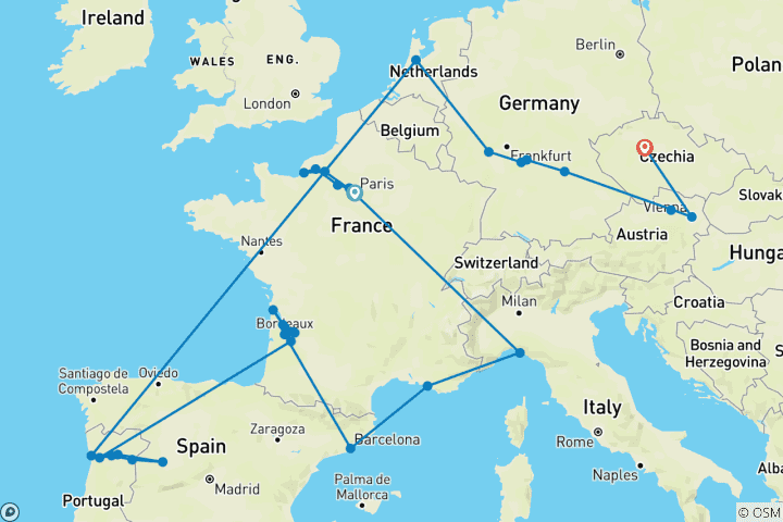 Kaart van Ultieme Europese Odyssee: Parijs naar Praag