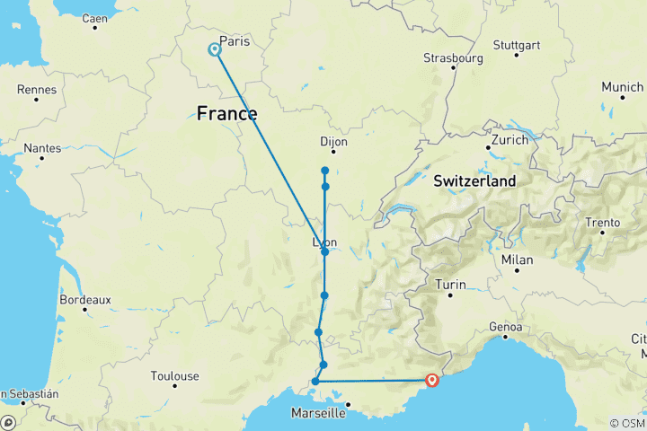 Map of Sensations of Lyon & Provence with Paris 2025 - 10 Days (from Paris to Nice)