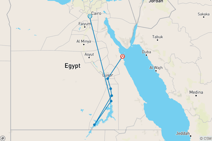 Map of Egyptian Tour: Cairo, Luxor, Abu Simbel, and the Red Sea (8 Days)  Return Domestic Flights Included