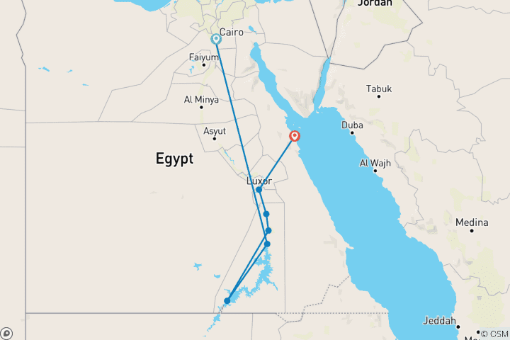 Map of Egyptian Tour: Cairo, Luxor, Abu Simbel, and the Red Sea (8 Days)  Return Domestic Flights Included