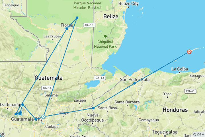 Mapa de Guatemala, Copán y Roatán en 11 días