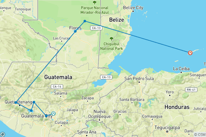 Mapa de Guatemala básica y Roatán en 8 días