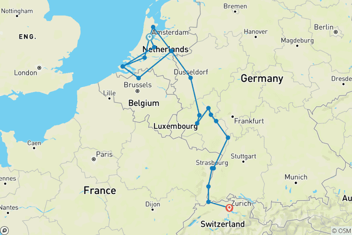 Map of Windmills, Tulips and Belgian Delight with Romantic Rhine & Moselle