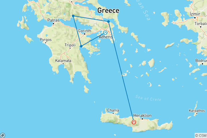 Carte du circuit Voyage de 12 jours à travers le patrimoine grec : Athènes, Nauplie, Delphes, Météores et Crète (jusqu'à 16 personnes)