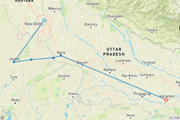 Map of Private 8 Days Tour of North India: Delhi, Jaipur, Agra & Varanasi