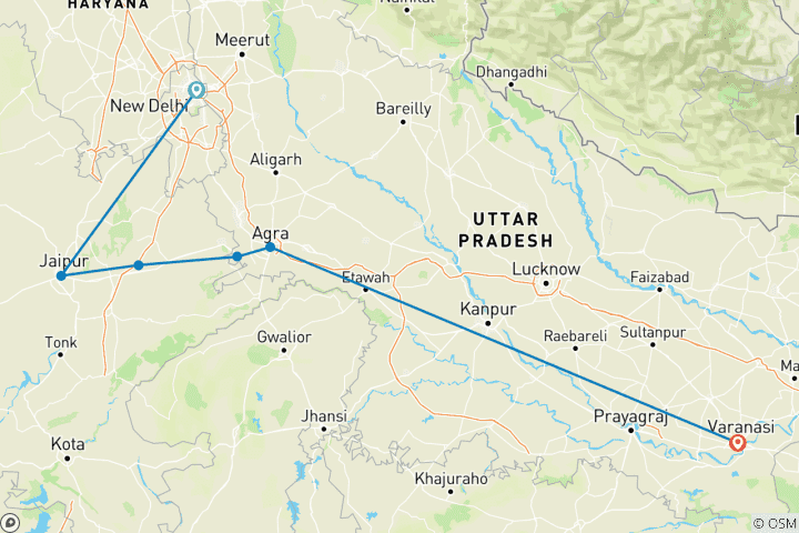 Map of Private 8 Days Tour of North India: Delhi, Jaipur, Agra & Varanasi