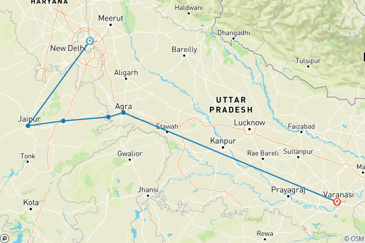 Carte du circuit Circuit privé de 8 jours en Inde du Nord : Delhi, Jaipur, Agra et Varanasi