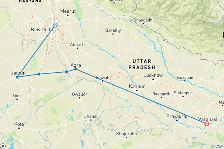 Map of Private 7 Days Tour of North India: Delhi, Jaipur, Agra & Varanasi