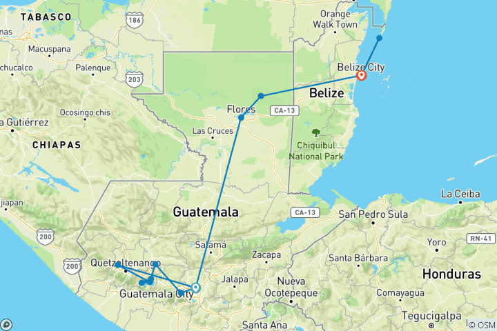 Map of Guatemala & Belize experience in 9 days