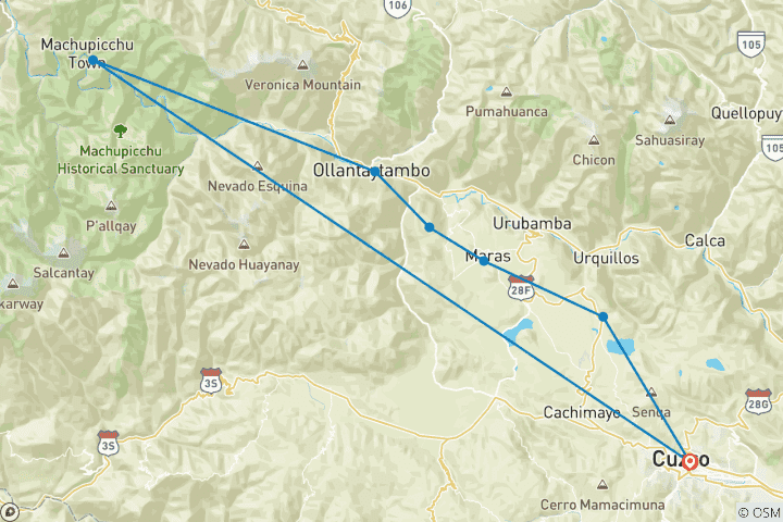 Map of CLASSIC INCA TRAIL TO MACHU PICCHU + SACRED VALLEY – 7-DAY ADVENTURE