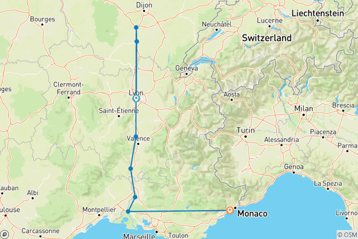 Map of Sensations of Lyon & Provence with Nice 2025 - 11 Days (from Lyon to Nice)