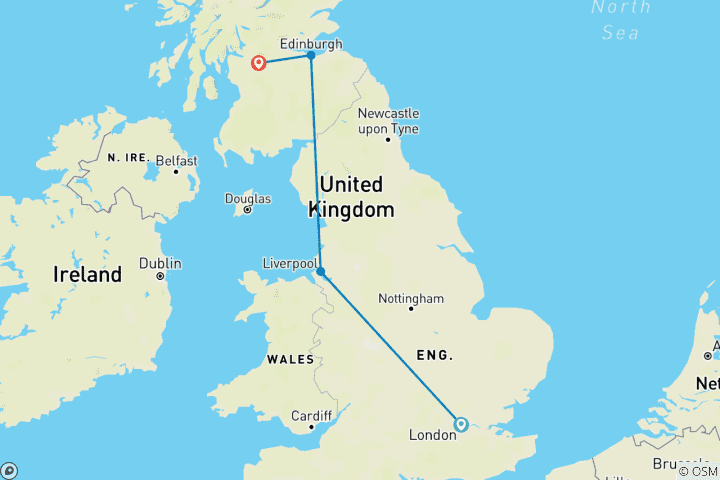 Map of 9 Day London, Liverpool, Edinburgh and Glasgow by train