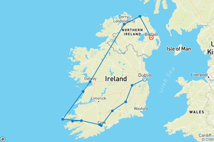 Map of Country Roads of Ireland (End End Belfast, Small Group, 12 Days)