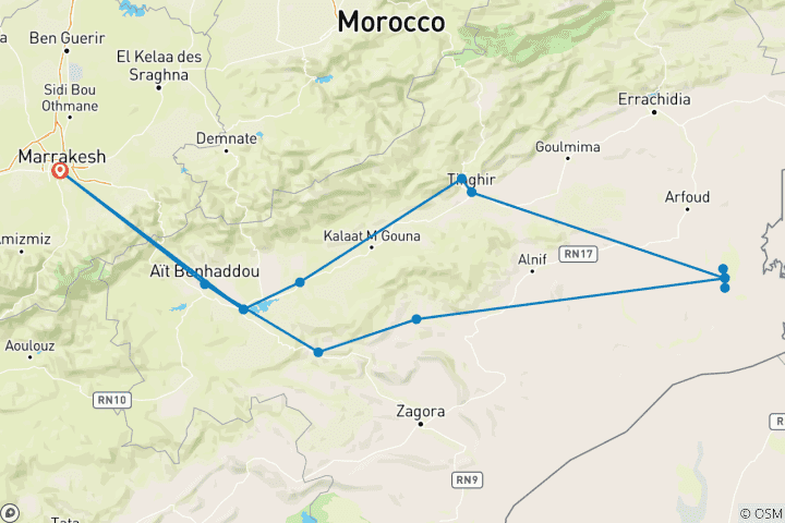 Karte von 5 Tage Marokko Tour von Marrakesch nach Merzouga