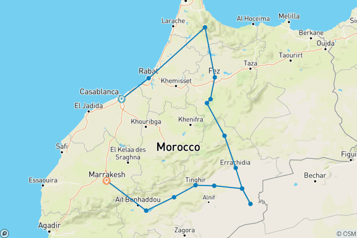Kaart van Luxe privéreis 5-daagse van Casablanca naar Marrakech via Chefchaouen, Fes & Sahara