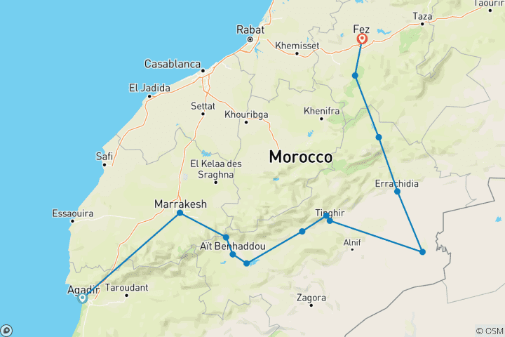 Map of Agadir to Fes via Marrakech, Ouarzazate & Desert in 5 Days Private tour