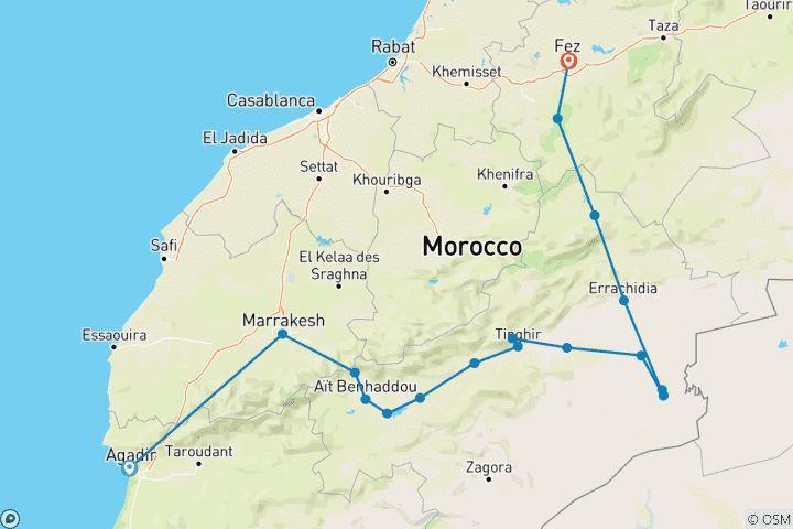 Carte du circuit Circuit privé de luxe d'Agadir à Fès via Marrakech, Ouarzazate et le désert en 5 jours
