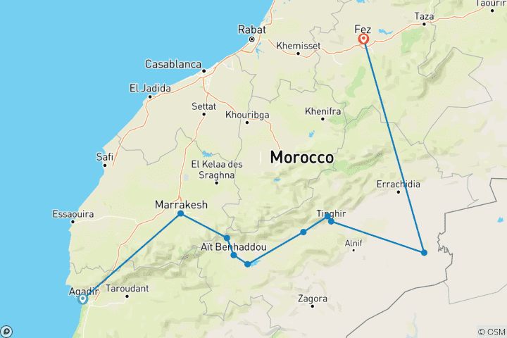 Map of 5-Day Private Journey: Agadir to Fes via Marrakech & the Sahara Desert