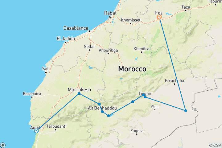 Map of 5-Day Private Journey: Agadir to Fes via Marrakech & the Sahara Desert