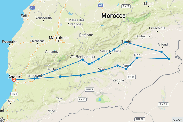 Carte du circuit Agadir Maroc au désert du Sahara :  Circuit privé Oasis et Dunes Aventure 5 jours