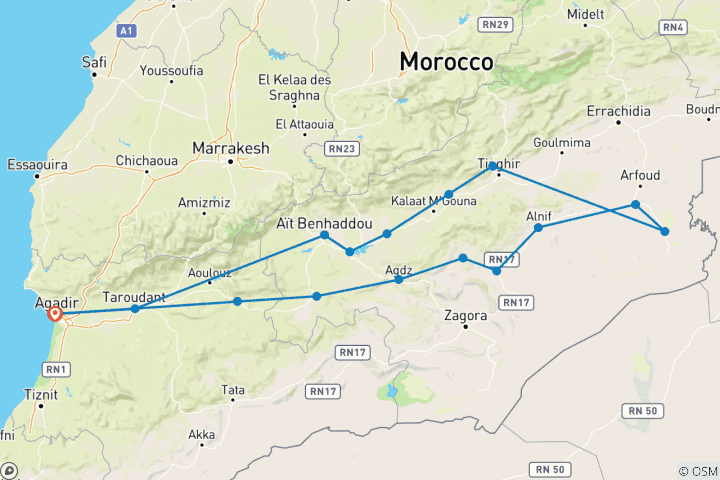 Map of Agadir to  Sahara: 5-Day Oases and Dunes Adventure