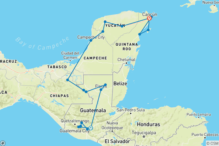 Map of Mayan Route  & Cancun experience in 11 days