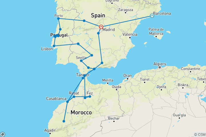 Map of 22 Day Tour Barcelona & Portugal & Andalusia & Morocco