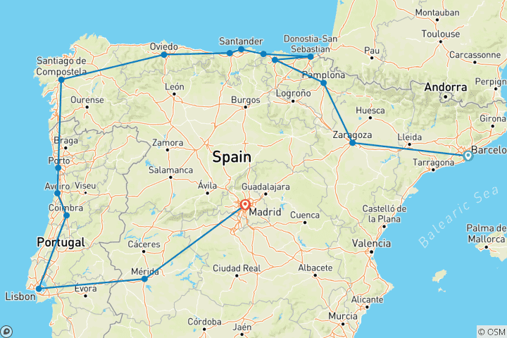 Map of 17-Day Tour of Northern Spain and Portugal - English Only