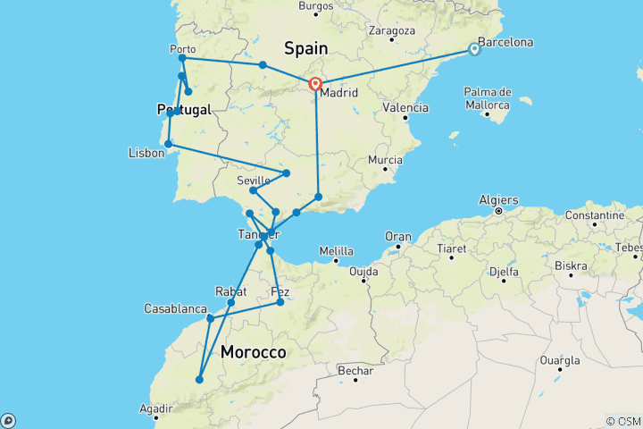 Map of Barcelona, Madrid, Portugal, Andalusia and Morocco