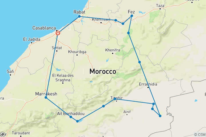 Kaart van Marokko 7-daagse rondreis vanuit Casablanca