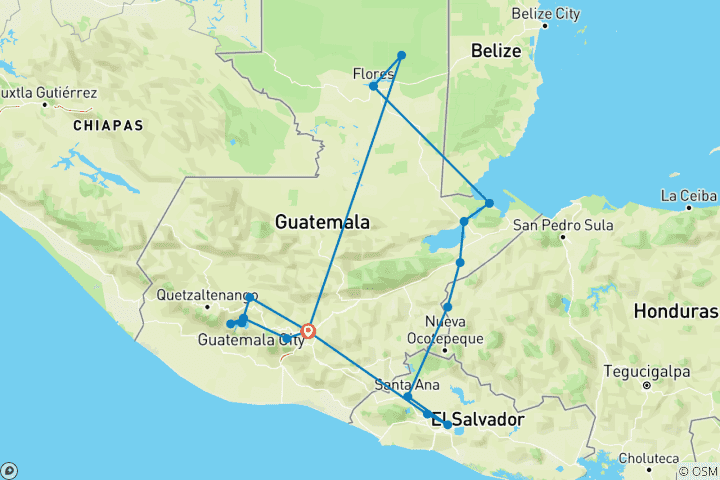 Kaart van Programma Maya Driehoek - Guatemala, El Salvador & Honduras in 10 dagen