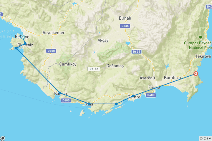 Map of Sail Turkey 18-39's Fethiye to Olympos Gulet Cruise