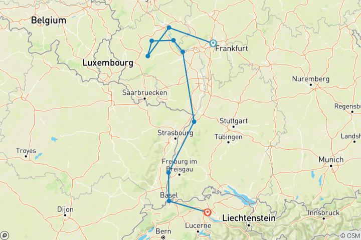 Map of Charming Castles & Vineyards of the Rhine & Moselle 2026 - 8 Days (from Frankfurt-am-Main to Zurich)