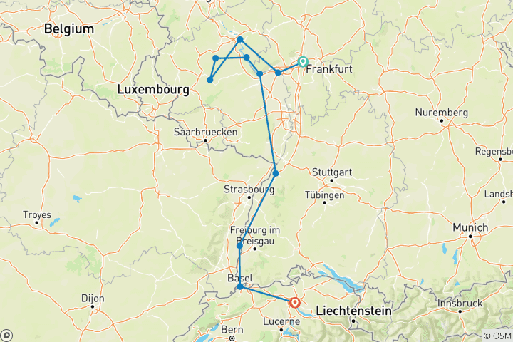 Map of Charming Castles & Vineyards of the Rhine & Moselle 2026 - 8 Days (from Frankfurt-am-Main to Zurich)