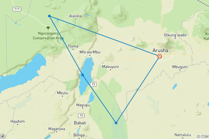 Map of 3 days Luxury  Honeymoon Safari in Tanzania.