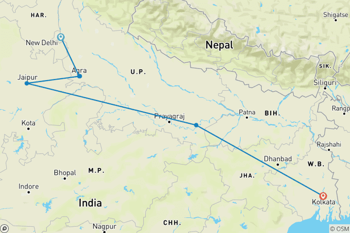 Map of India's Golden Triangle & the Sacred Ganges (2026) (New Delhi to Kolkata, 2026)