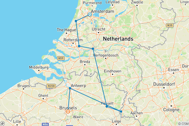 Map of Holland & Belgium at Tulip Time (2026) (Amsterdam to Brussels, 2026)