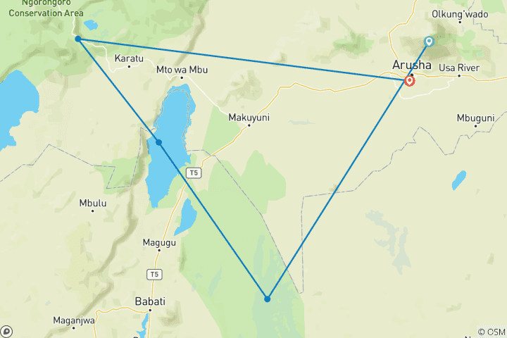 Kaart van 5-daagse standaard vogelreis in Tanzania - noordelijk circuit