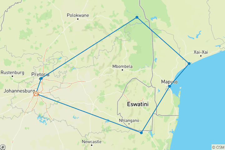 Map of South Africa Meets Mozambique: Kruger Safari & Ocean Waves