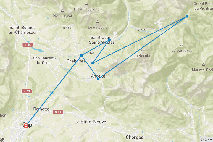 Carte du circuit Vacances guidées en raquettes à neige dans les Alpes