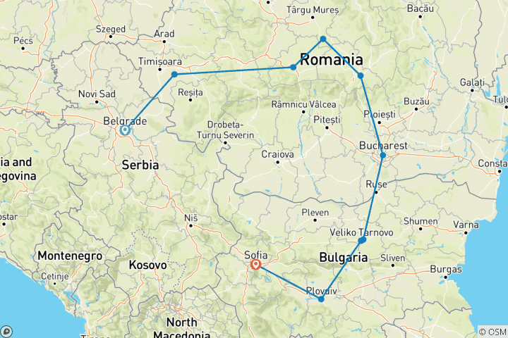 Carte du circuit PRIVE - Aventure dans les Balkans de Belgrade à Sofia en passant par la Roumanie