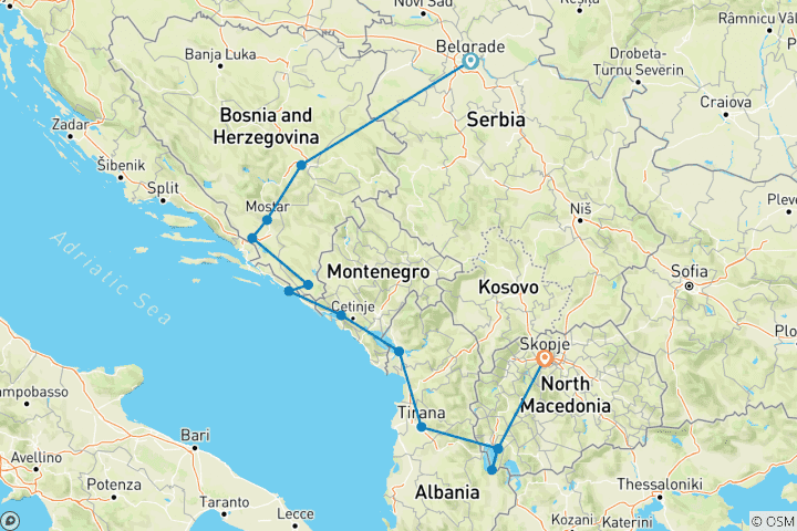 Carte du circuit PRIVÉ - Aventure dans les Balkans de Belgrade à Skopje
