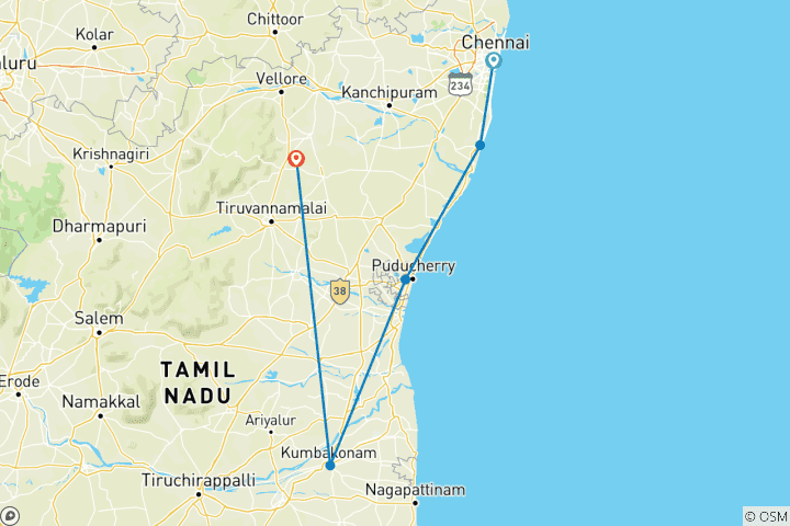 Map of 7 Day Private Spiritual Tour from Chennai to Tiruvannamalai