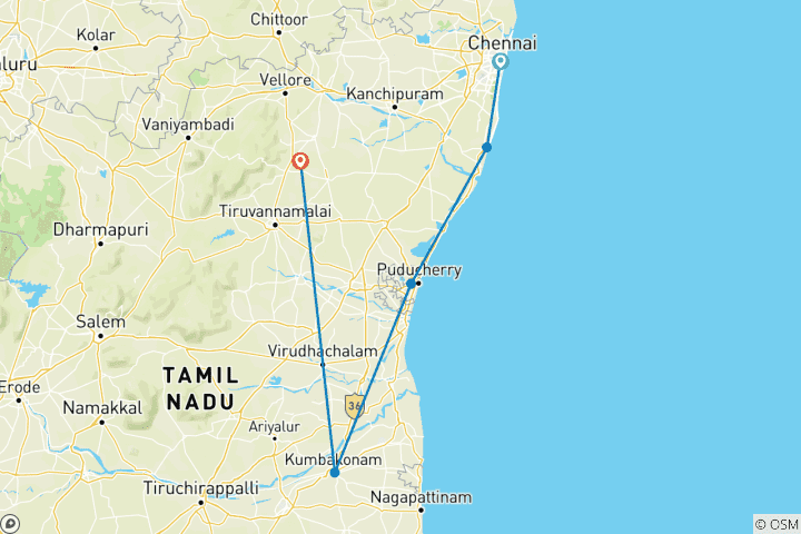 Kaart van 7-daagse spirituele privéreis van Chennai naar Tiruvannamalai
